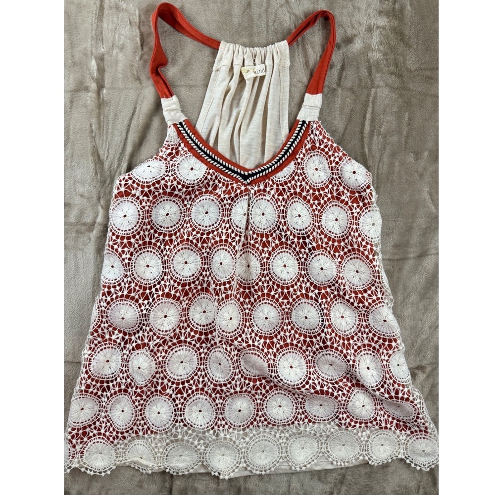 Y2K Rewind Women Rust Orange White Crochet Lace Medallion Top Size M Boho Hippie